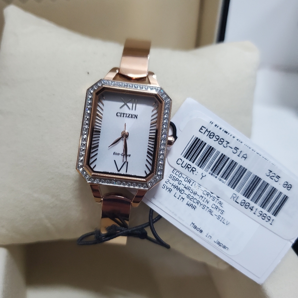 New Citizen Ladies' Silhouette Crystal Eco-Drive Bangle Watch, Rectanlge Case, 3